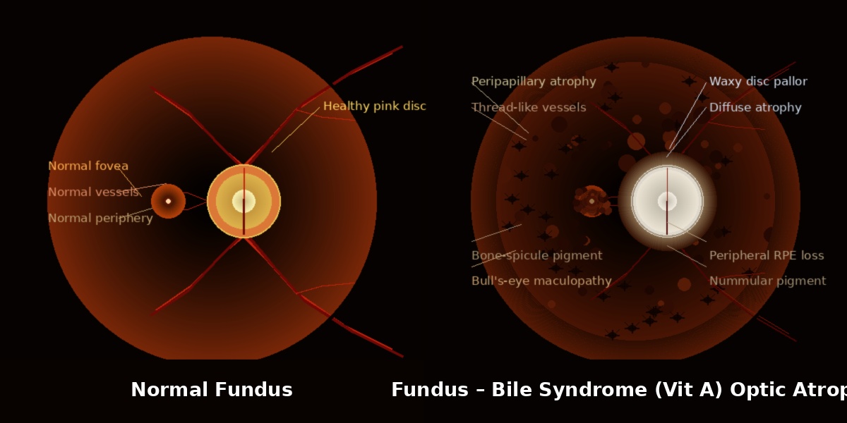 Medical comparison of retina and optic nerve degeneration in bile syndrome optic atrophy