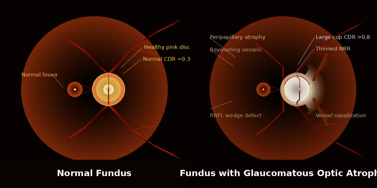 Eye diagram showing healthy optic disc and glaucomatous changes with peripapillary atrophy