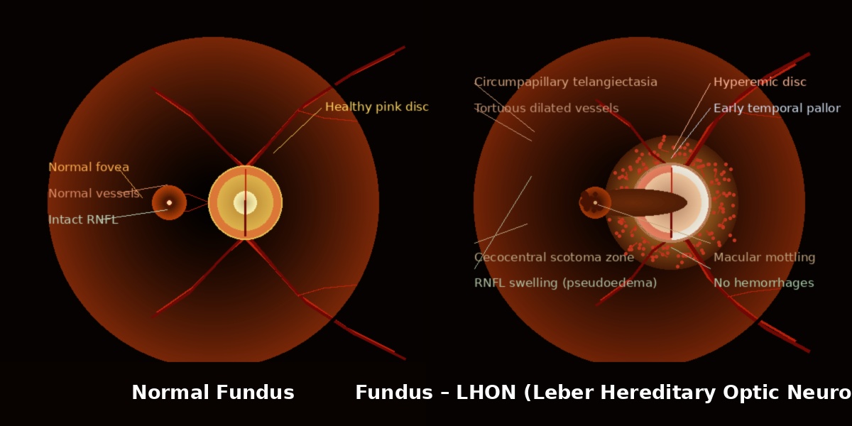 Eye diagram showing healthy optic disc and pathological changes in Leber Hereditary Optic Neuropathy