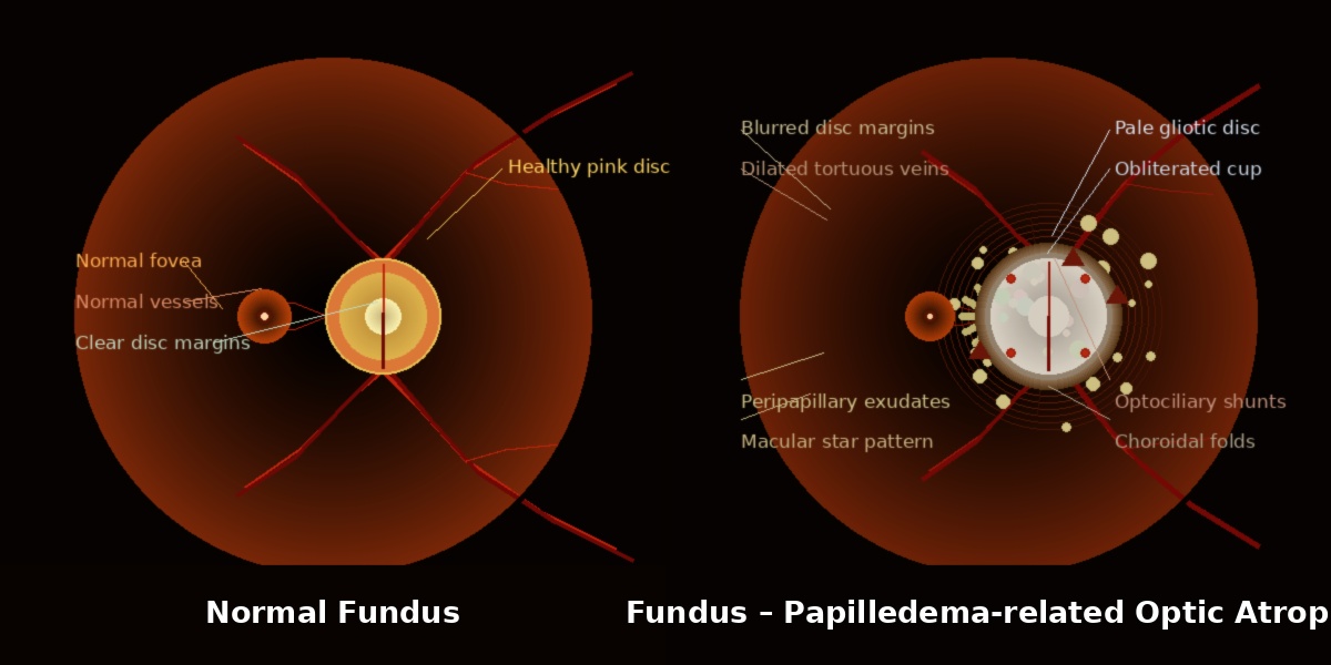 Medical comparison of retina and optic nerve damage in papilledema-related optic atrophy