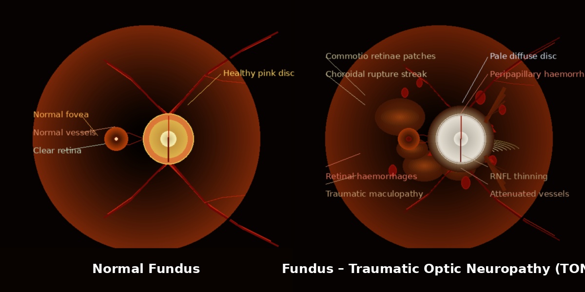 Eye diagram showing healthy retina and traumatic changes with commotio retinae and choroidal rupture