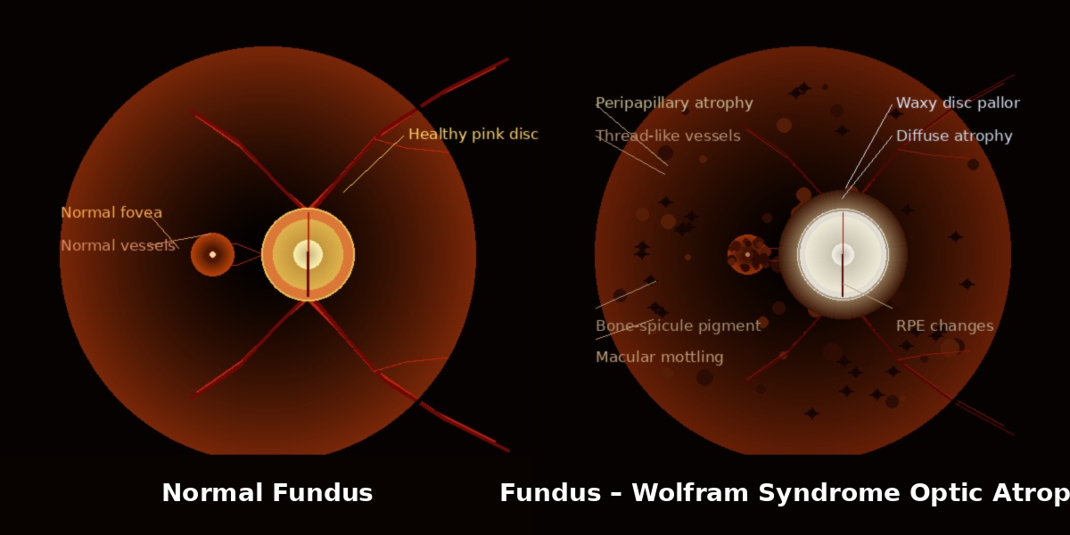 Normal fundus versus Wolfram Syndrome optic atrophy fundus illustration