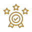 Gold award badge with checkmark and three stars above.