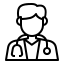 Male doctor icon with stethoscope symbolizing healthcare professional.